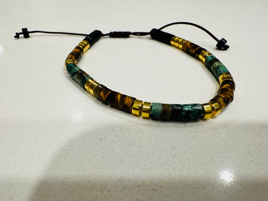 Onyx African Turquoise and Tiger Eye Bracelet | Adjustable (Medium)