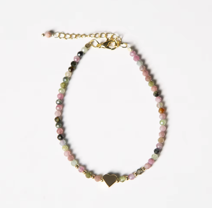 Sisterly: Golden Heart Rainbow Tourmaline bracelet  | Silver, Pink, Green